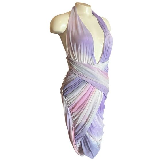 Zara Purple Pink Plunging Neckline Ombre Ruched Mini Dress Fairycore Sz M - Picture 3 of 6